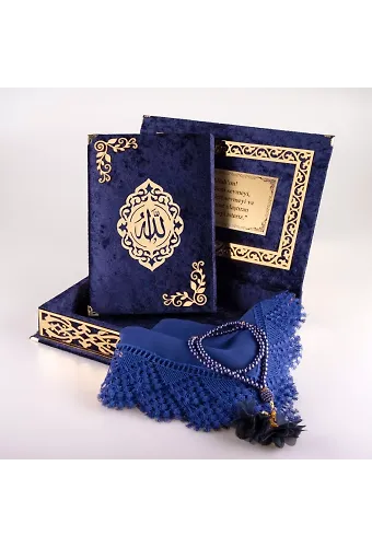 Şal + Tesbih + Kuran Hediye Seti (Orta Boy, ŞemsLafzatullah, Gold Pleksi, Raşel Kutu, Lacivert)