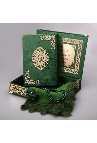 Şal + Tesbih + Kuran Hediye Seti (Orta Boy, ŞemsLafzatullah, Gold Pleksi, Raşel Kutu, Yeşil)