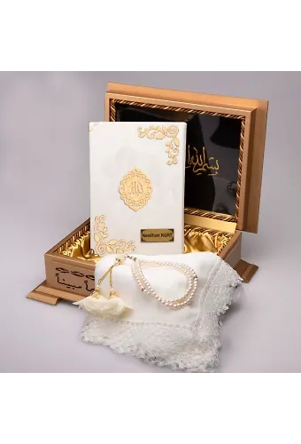 Şal + Tesbih + Kuran Hediye Seti (Hafız Boy, Lafzatullah, Beyaz)