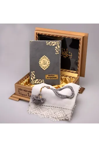 Şal + Tesbih + Kuran Hediye Seti (Hafız Boy, Lafzatullah, Gri)