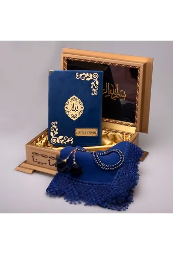 Şal + Tesbih + Kuran Hediye Seti (Hafız Boy, Lafzatullah, Lacivert)