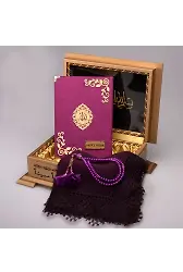 Şal + Tesbih + Kadife Kuran Hediye Seti (Hafız Boy, Lafzatullah, Mor)