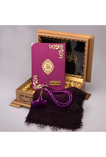 Şal + Tesbih + Kadife Kuran Hediye Seti (Hafız Boy, Lafzatullah, Mor)