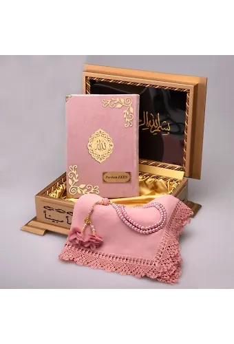 Şal + Tesbih + Kuran Hediye Seti (Hafız Boy, Lafzatullah, Pudra Pembe)