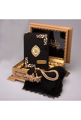 Şal + Tesbih + Kuran Hediye Seti (Hafız Boy, Lafzatullah, Siyah)