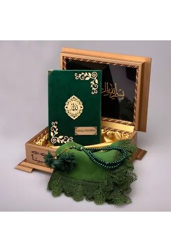 Şal + Tesbih + Kuran Hediye Seti (Hafız Boy, Lafzatullah, Zeytin Yeşili)