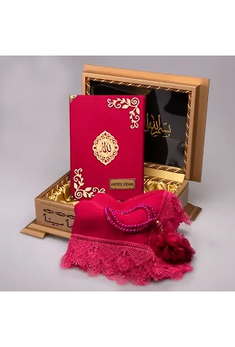 Şal + Tesbih + Kuran Hediye Seti (Hafız Boy, Lafzatullah, Fuşya Pembe)