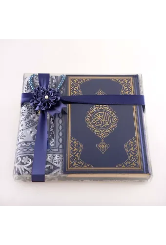 Seccade + Tesbih + Kuran Hediye Seti (Çanta Boy, Yeni Cilt, Lacivert)