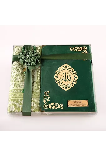 Seccade + Tesbih + Kuran Hediye Seti (Hafız Boy, Kadife, Zeytin Yeşili, Lafzatullah)