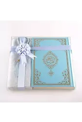 Seccade + Tesbih + Kuran Hediye Seti (Orta Boy, Açık Mavi, Ekonomik Cilt)