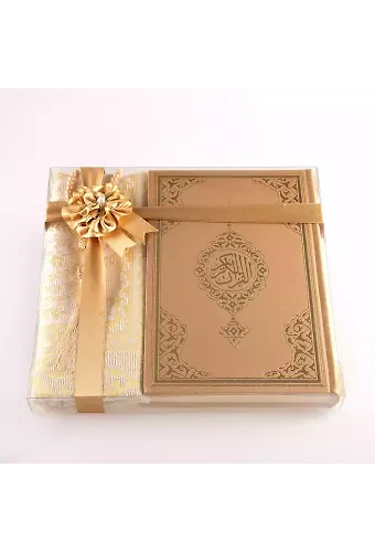 Seccade + Tesbih + Kuran Hediye Seti (Orta Boy, Gold, Ekonomik Cilt)