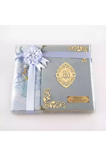 Seccade + Tesbih + Kuran Hediye Seti (Orta Boy, Kadife, Açık Mavi, Lafzatullah)