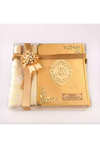 Seccade + Tesbih + Kuran Hediye Seti (Orta Boy, Kadife, Gold, Lafzatullah)
