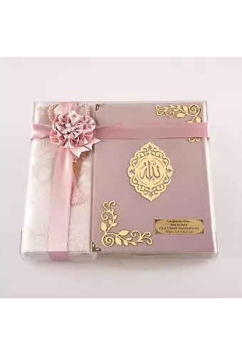Seccade + Tesbih + Kuran Hediye Seti (Orta Boy, Kadife, Pudra Pembe, Lafzatullah)