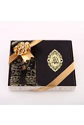Seccade + Tesbih + Kuran Hediye Seti (Orta Boy, Kadife, Siyah, Lafzatullah)