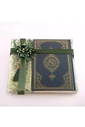 Seccade + Tesbih + Kuran Hediye Seti (Orta Boy, Yeşil, Ekonomik Cilt)