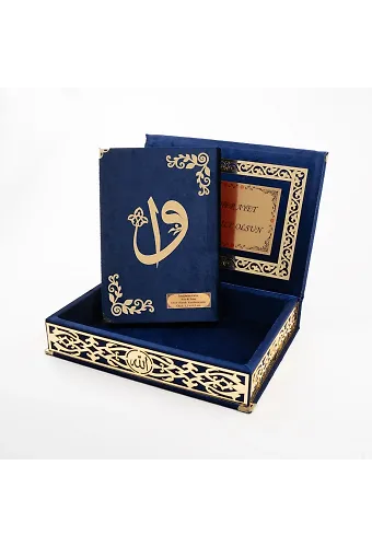 Raşel Kutulu Hediyelik Kuranı Kerim (Orta Boy, Lacivert, Elif-Vav Gold Pleksi)