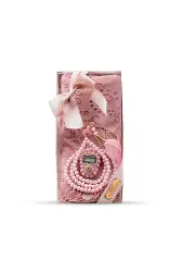 Tesbih + Dantelli Şal + Zikirmatik Hediye Seti (Kraft Asetat Kutulu, Pembe)