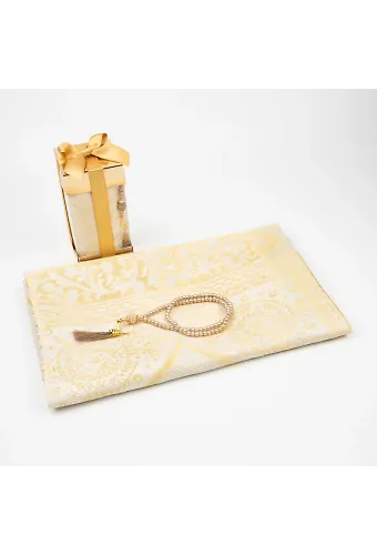 Tesbih + Seccade Hediye Seti (Desenli Dik Asetat Kutu, Gold)