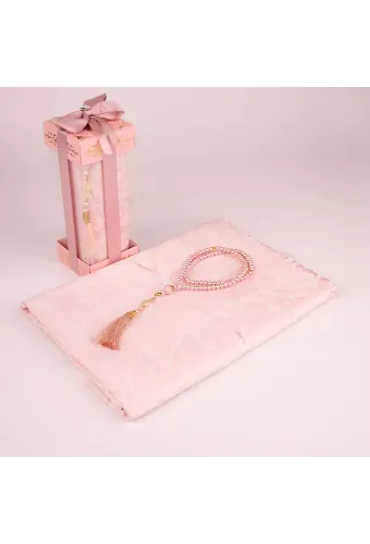 Tesbih + Seccade Hediye Seti (Desenli Dik Asetat Kutu, Pudra Pembe)