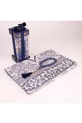 Tesbih + Seccade Hediye Seti (Desenli Dik Asetat Kutu, Lacivert)