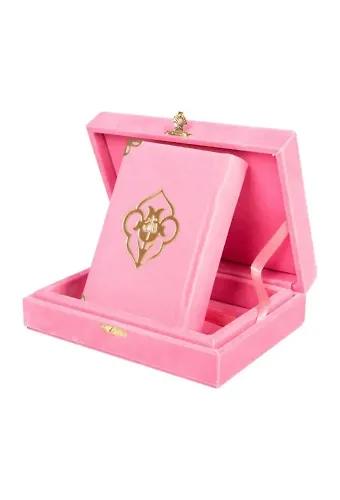 Kadife Kutulu Kur'an-ı Kerim (Büyük Cep Boy, Güllü, Pembe)