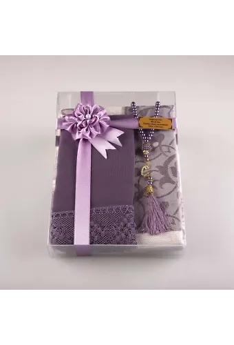 Şal + Seccade + Tesbih + Kuran Hediye Seti (Çanta Boy, Ekonomik Cilt, Siyah)
