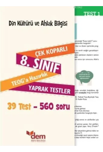 Din Kültürü ve Ahlak Bilgisi 8. Sınıf Teog'a Hazırlık Yaprak Testler; Çek Koparlı 39 Test - 560 Soru