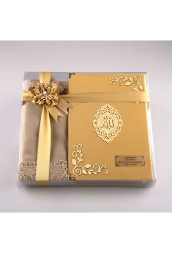 Şal + Seccade + Tesbih + Kuran Hediye Seti (Orta Boy, Kadife, Gold, Lafzatullah)