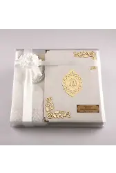 Şal + Seccade + Tesbih + Kuran Hediye Seti (Orta Boy, Kadife, Beyaz, Lafzatullah)