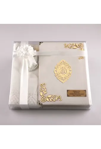 Şal + Seccade + Tesbih + Kuran Hediye Seti (Çanta Boy, Kadife, Beyaz, Lafzatullah)