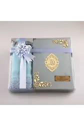 Şal + Seccade + Tesbih + Kuran Hediye Seti (Çanta Boy, Kadife, Açık Mavi, Lafzatullah)