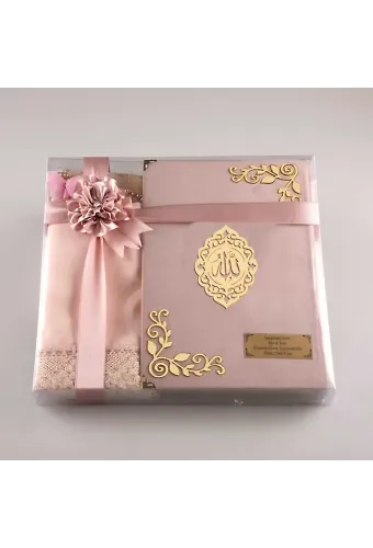 Şal + Seccade + Tesbih + Kuran Hediye Seti (Hafız Boy, Kadife, Pembe, Lafzatullah)