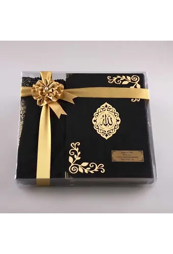 Şal + Seccade + Tesbih + Kuran Hediye Seti (Orta Boy, Kadife, Siyah, Lafzatullah)