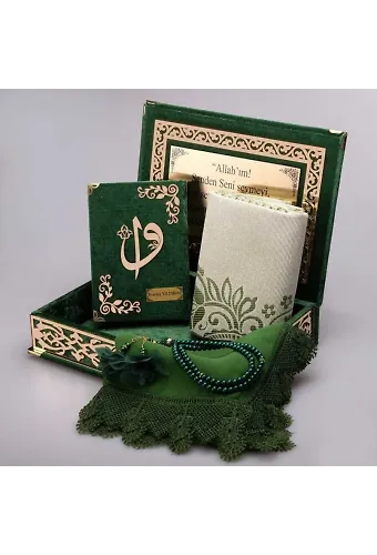 Raşel Kutulu, Şal + Seccade + Tesbih + Kuran Hediye Seti (Orta Boy, Yeşil, Elif-Vav)