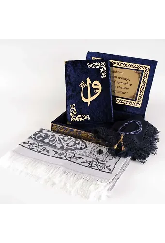Raşel Kutulu, Şal + Seccade + Tesbih + Kuran Hediye Seti (Orta Boy, Lacivert, Elif-Vav)
