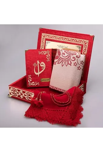 Raşel Kutulu, Şal + Seccade + Tesbih + Kuran Hediye Seti (Orta Boy, Kırmızı, Elif-Vav)