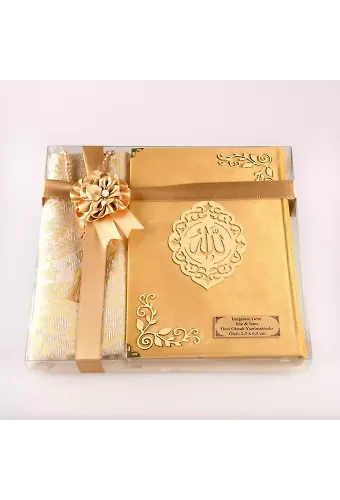 Seccade + Tesbih + Kuran Hediye Seti (Orta Boy, Kadife, Gold, Lafzatullah)