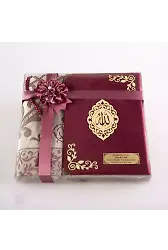 Seccade + Tesbih + Kuran Hediye Seti (Orta Boy, Kadife, Bordo, Lafzatullah)
