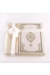 Seccade + Tesbih + Kuran Hediye Seti (Orta Boy, Beyaz, Ekonomik Cilt)
