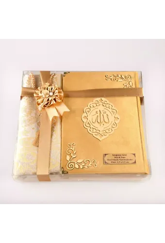 Seccade + Tesbih + Kuran Hediye Seti (Çanta Boy, Kadife, Gold, Lafzatullah)