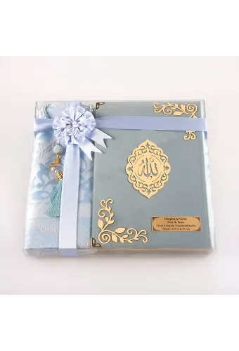 Seccade + Tesbih + Kuran Hediye Seti (Çanta Boy, Kadife, Açık Mavi, Lafzatullah)
