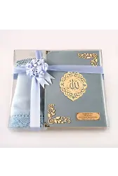 Şal + Tesbih + Kuran Hediye Seti (Orta Boy, Kadife, Lafzatullah, Açık Mavi)