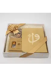 Kuran + Seccade + Tesbih + Zikirmatik + Koku Hediye Seti (Çanta Boy, Kadife, Gold)