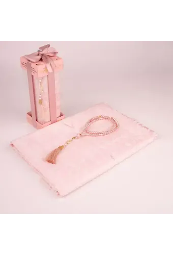 Tesbih + Seccade Hediye Seti (Desenli Dik Asetat Kutu, Pudra Pembe)