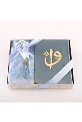 Kuran + Seccade + Tesbih Hediye Seti (Orta Boy, Kadife, Desenli Kutu, Açık Mavi)