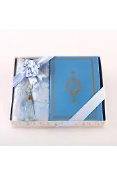 Kuran + Seccade + Tesbih Hediye Seti (Hafız Boy, Termo Deri, Desenli Kutu, Açık Mavi)
