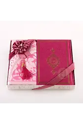 Kuran + Seccade + Tesbih Hediye Seti (Hafız Boy, Termo Deri, Desenli Kutu, Fuşya Pembe)