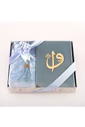 Kuran + Seccade + Tesbih Hediye Seti (Hafız Boy, ElifVav, Kadife, Desenli Kutu, Açık Mavi)