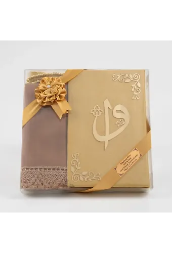 Şal + Seccade + Tesbih + Kuran Hediye Seti (Orta Boy, Kadife, Gold)